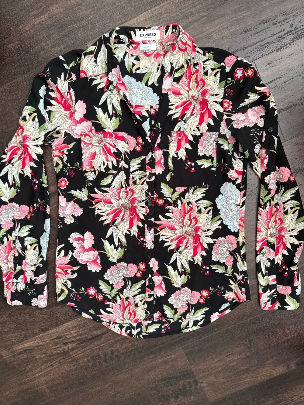 Express Portofino Slim Floral Button Front Blouse XS Black Career Office Top - Picture 1 of 8